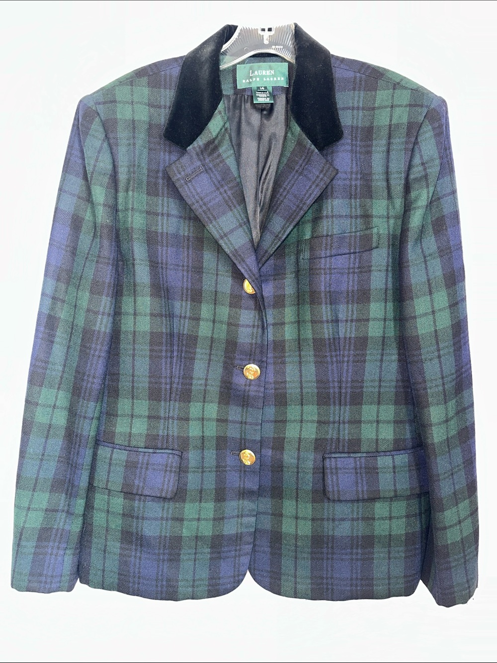 Ralph Lauren Green and Blue Plaid 100% Wool Blazer with Velvet Collar Size 14
